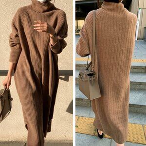 BOWEN Wool Cashmere Blend Rib Knit Mock Neck Sweater Maxi Dress Camel Tan Brown